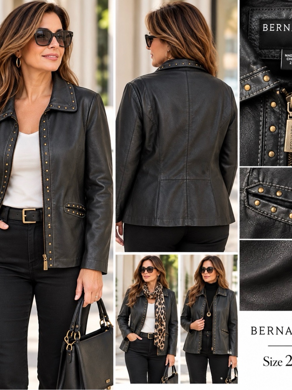 Bernardo Black Leather Jacket with Gold Stud Trim 2XL